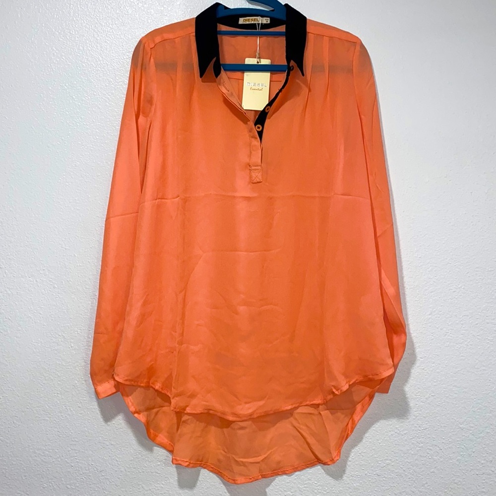 Diesel Woman’s Peach Long sleeve see thru collard Blouse Size Medium NWT